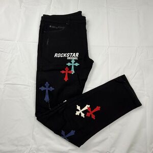 Rockstar Original Brody Patchwork Jeans Mens 40 Black Cross Ultra Slim RSM-8191